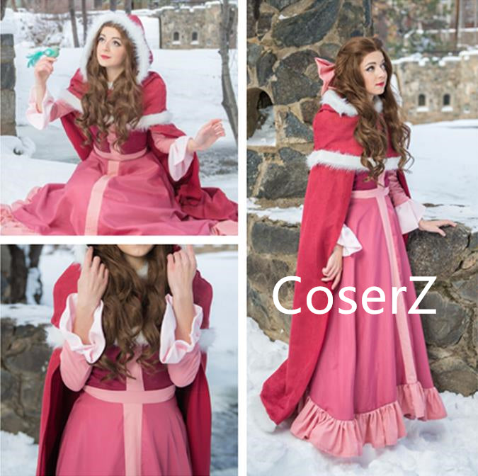 Winter Belle Red Dress, Belle Pink Dress, Belle Cosplay Costume with C CoserZ Winter Belle Red Dress, Belle Pink Dress, Belle Cosplay Costume with C CoserZ