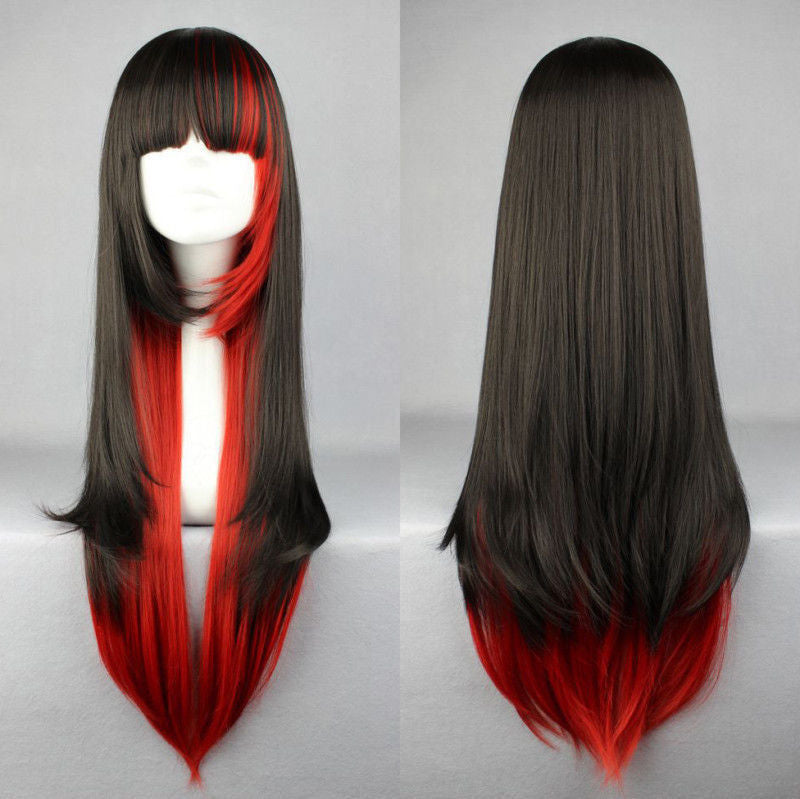 Lolita Women Harajuku Long Cosplay Wig Red Black Mixed Ombre Hair