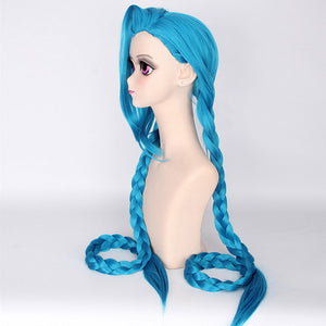 LOL Jinx Cosplay Wig, Jinx Wig Women Blue Double Ponytail Braids Hair 120cm For Halloween Party