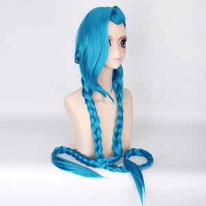 LOL Jinx Cosplay Wig, Jinx Wig Women Blue Double Ponytail Braids Hair 120cm For Halloween Party