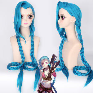 LOL Jinx Cosplay Wig, Jinx Wig Women Blue Double Ponytail Braids Hair 120cm For Halloween Party