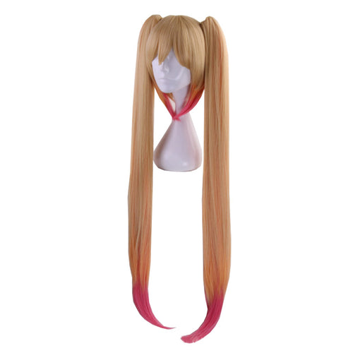 Kobayashi-san Chi No Maid Dragon Tohru Wig Cosplay Peluca Yellow Gradient Pink Hair Double Ponytail 100cm