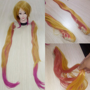 Kobayashi-san Chi No Maid Dragon Tohru Wig Cosplay Peluca Yellow Gradient Pink Hair Double Ponytail 100cm