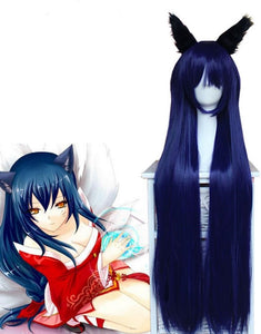 LOL Ahri Wig Ahri Cosplay Wigs Peluca The Nine-Tailed Fox Dark Blue Hair With Ears Headwear