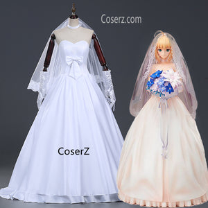 Fate Zero Artoria Wedding Dress 10th Anniversary Artoria Cosplay Costume Dress+Gloves+Headdress