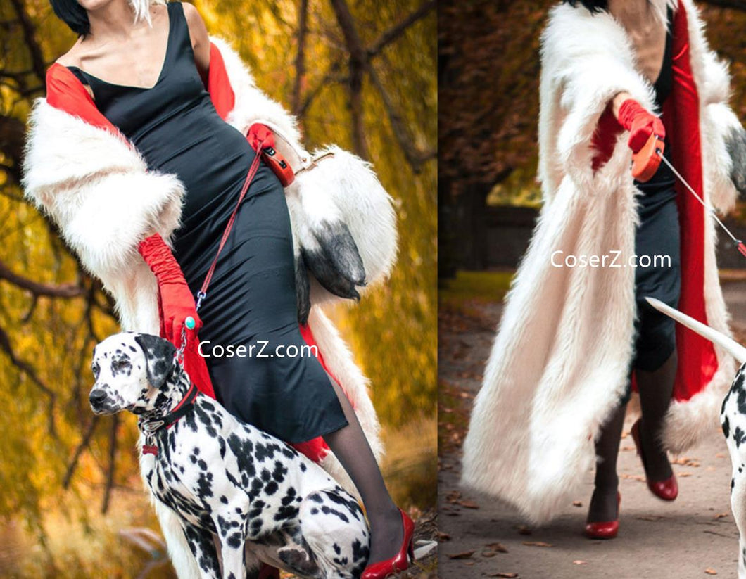 Cruella De Vil Costume, Cruella DeVil Coat Black Dress and Red Gloves CoserZ Cruella De Vil Costume, Cruella DeVil Coat Black Dress and Red Gloves CoserZ