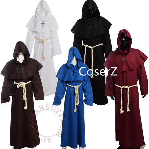Medieval Friar Costume Vintage Renaissance Priest Monk Cowl Robes Cosplay Outfits with Cross Necklace