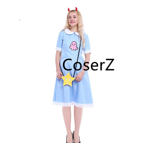 Anime Star vs. Forces of Evil Cosplay Costume, Princess Star Butterfly Blue Dress With Messenger Bag