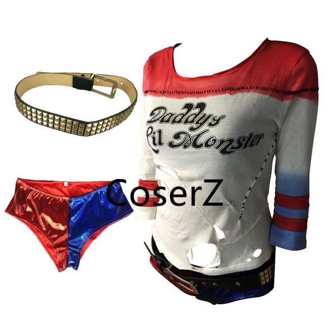 Suicide Squad Harley Quinn Costume T Shirt Daddy's Lil Monster T Shirt Pants Belts