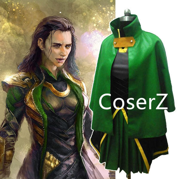 Thor Female Loki Cosplay Costume Leather Dress with Cloak for Women